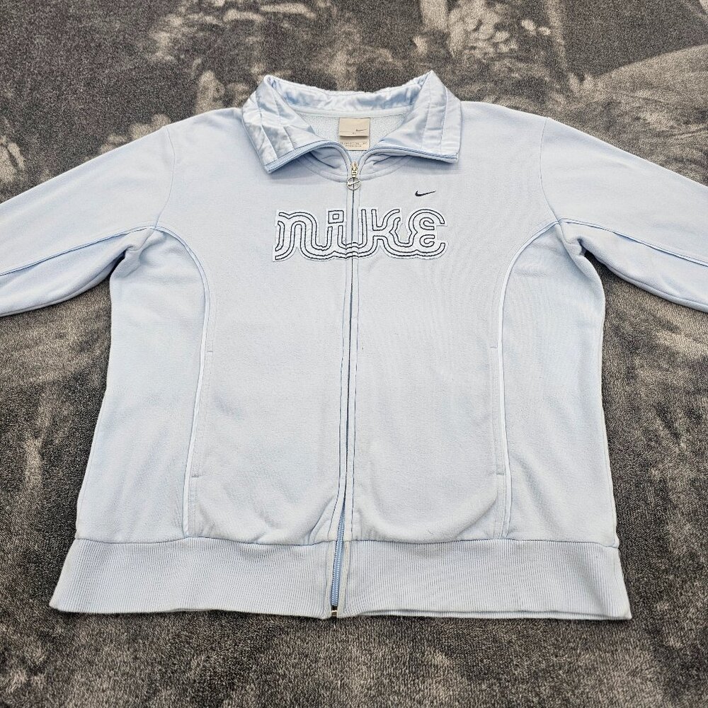 vintage Nike full Zip  Fleece Track Jacket womens XL Embroidered satin logo blue